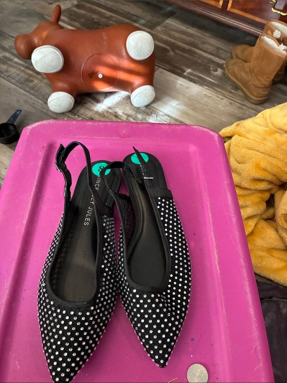 Sincerly Jules Black Pointed Slingback Flats with Crystal Studs